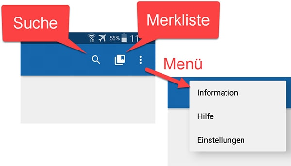 Screenshot zeigt die Position des Hilfe-Buttons oben rechts bei Android