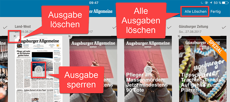 e-Paper Ausgaben in iOS löschen Bild zeigt die iOS e-Paper Übersichtsseite, in der aufgezeigt wird, wie man Ausgaben löschen kann