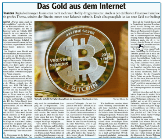 Zeitungsartikel in der Web e-Paper Version auswählen Das Bild zeigt einen blau eingerahmten Zeitungsartikel