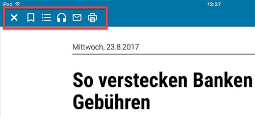 Funktionsleiste inkl. der Teilen-Funktion in der iOS App Bild zeigt die Funktionsleiste in der iOS App, in der man einen Artikel teilen bzw. per E-mail versenden kann